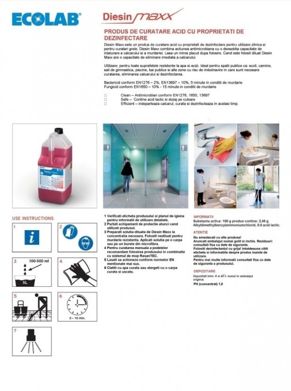 Ecolab Diesin Maxx Virucid Dezinfectant universal, 5L, la oferta promotionala✅. Produse profesionale de igiena si dezinfectie✅.
